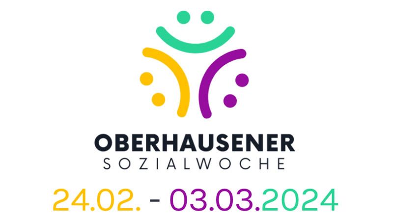 Zu sehen ist eine digitale Illustration vom Logo der Oberhausener Sozialwoche mit Schriftzug "24.02. - 03.03.2024" das 24.02. ist in gelb, das 03.03. in Lila und das 2024 in türkis.