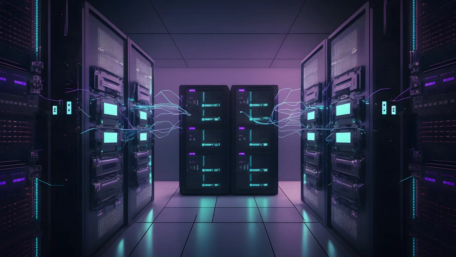 Digitale Illustration: Ein Server sendet Blitze zu anderen Servern in einem Serverraum
