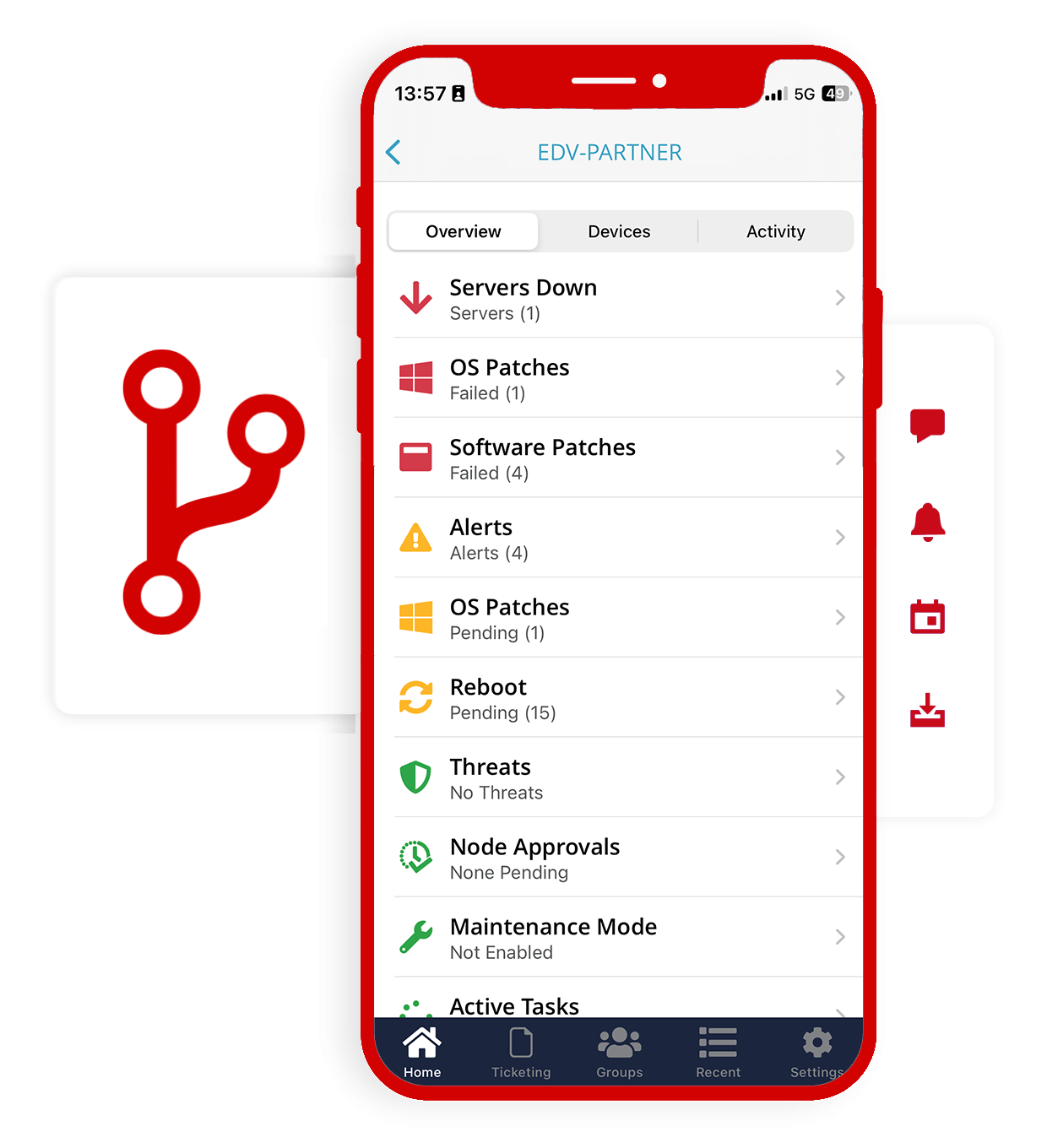 Smartphone zeigt IT-Statusübersicht mit Warnungen und Systemmeldungen.